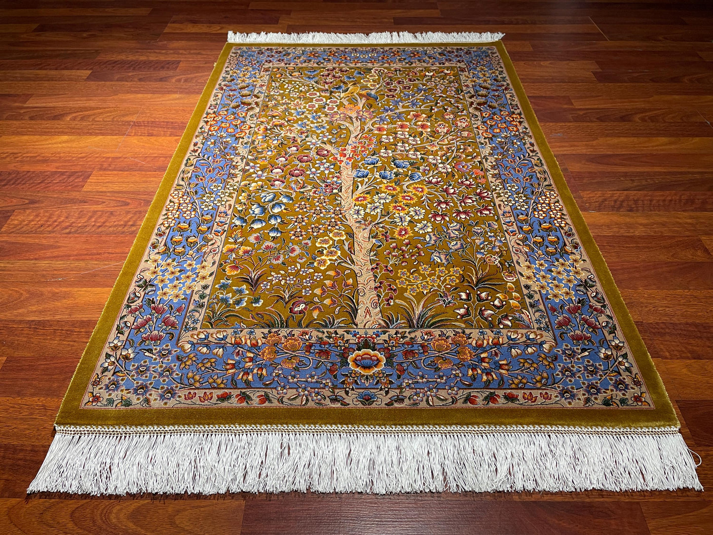 2.6x4 Floral Tree Modal Silk Rug, Tree of Life Accent Rug, Small Luxury Area Rug, Botanical Gift Rug