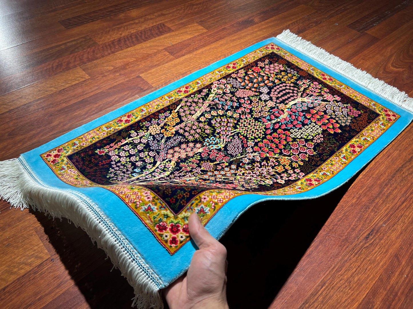 1.64x2.62 ft Tree of Life Modal Silk Rug, Floral Wall Hanging Tapestry, Mini Decorative Silk Rug, Handcrafted Fringe Rug