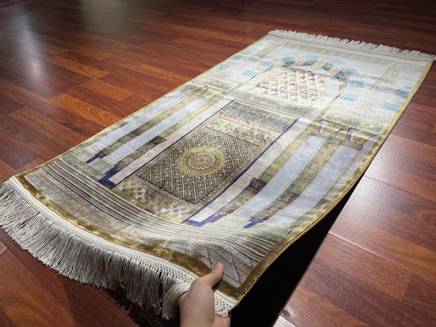 Modal Silk Sajjadah Prayer Rug, Cream Gold Mosque Architecture Prayer Mat, 150 Combs Islamic Gift Rug