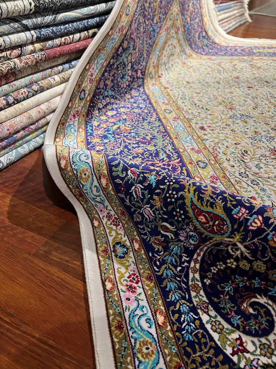 Beige Blue Modal Silk Area Rug for Living Room, Luxury Traditional Floral Carpet, 7x10 ft Turkish Anatolian Rug