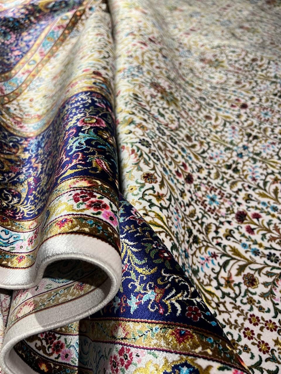 Beige Blue Modal Silk Area Rug for Living Room, Luxury Traditional Floral Carpet, 7x10 ft Turkish Anatolian Rug