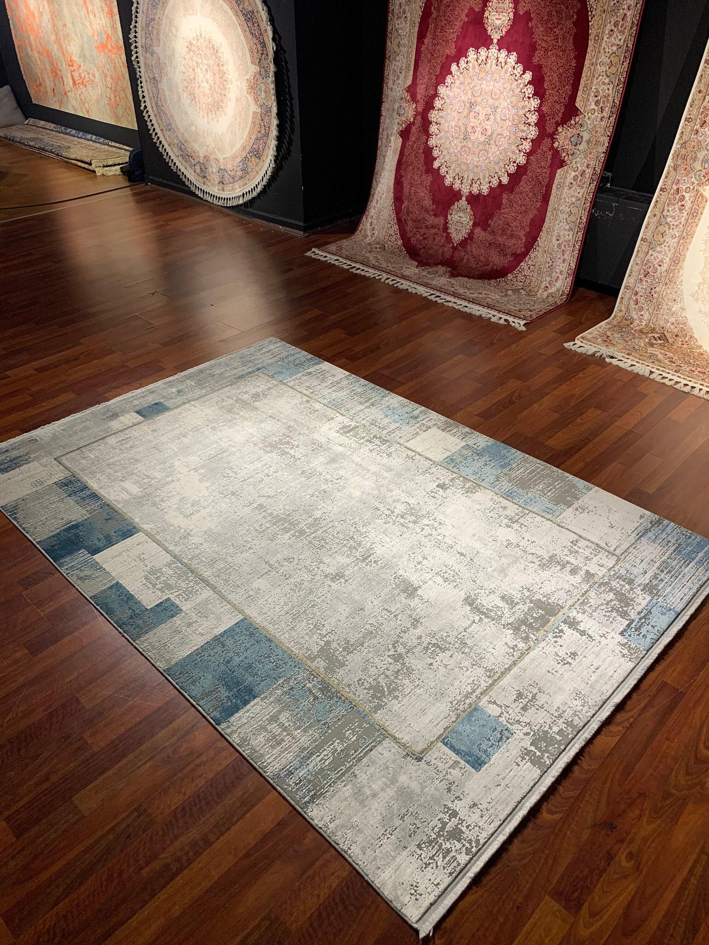 5x8 Blue Beige Area Rug for Living Room, Modern Acrylic Viscose Carpet with Fringe, Contemporary Turkish Rug