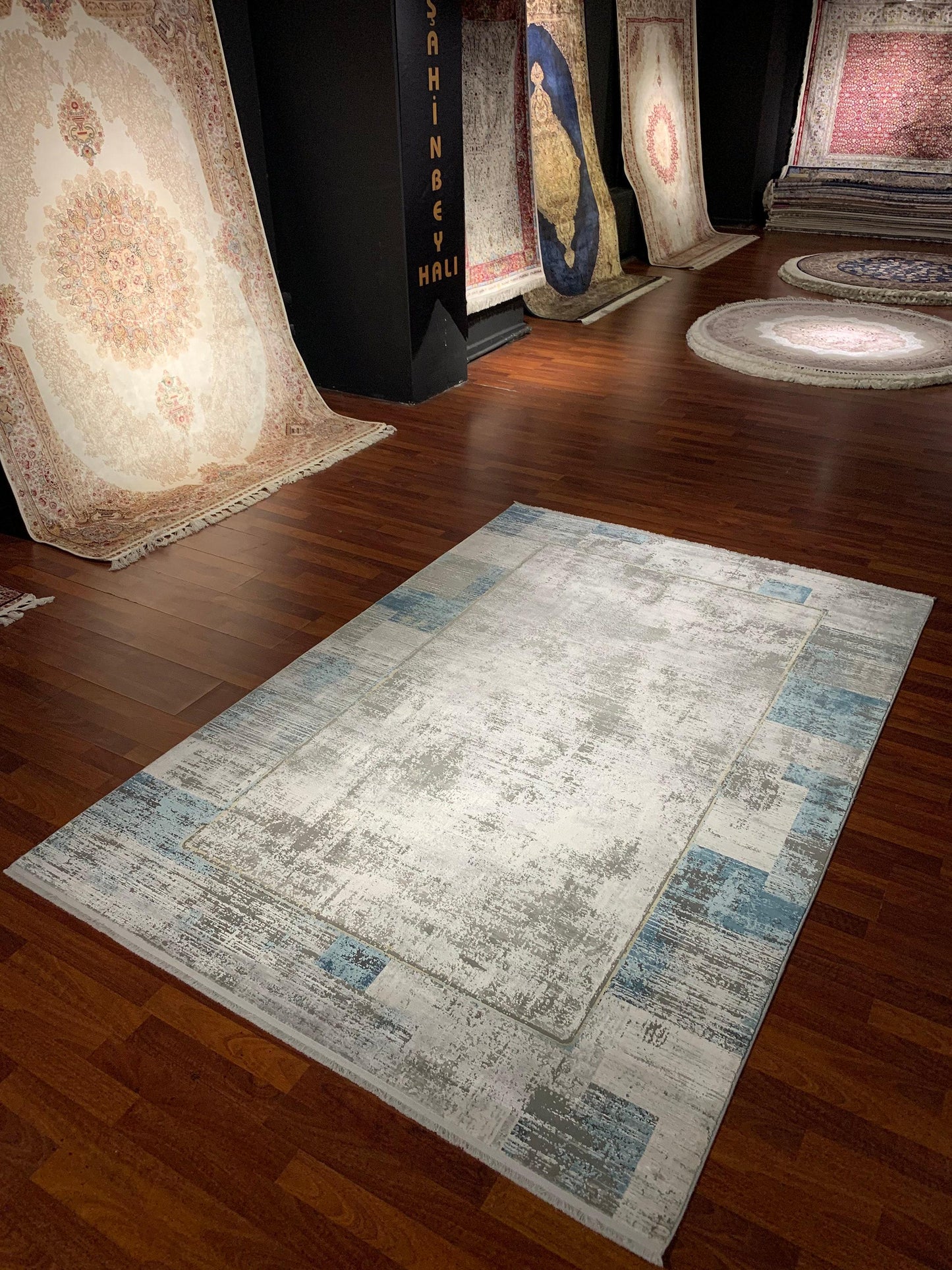 5x8 Blue Beige Area Rug for Living Room, Modern Acrylic Viscose Carpet with Fringe, Contemporary Turkish Rug