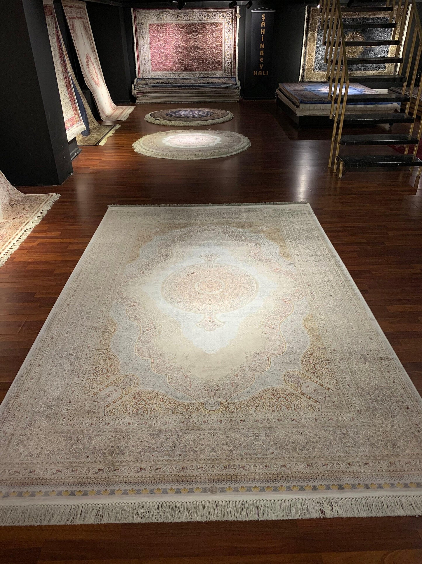 7x10 Beige Luxury Modal Silk Rug, Oriental Medallion Area Rug, High Quality Turkish Style Carpet