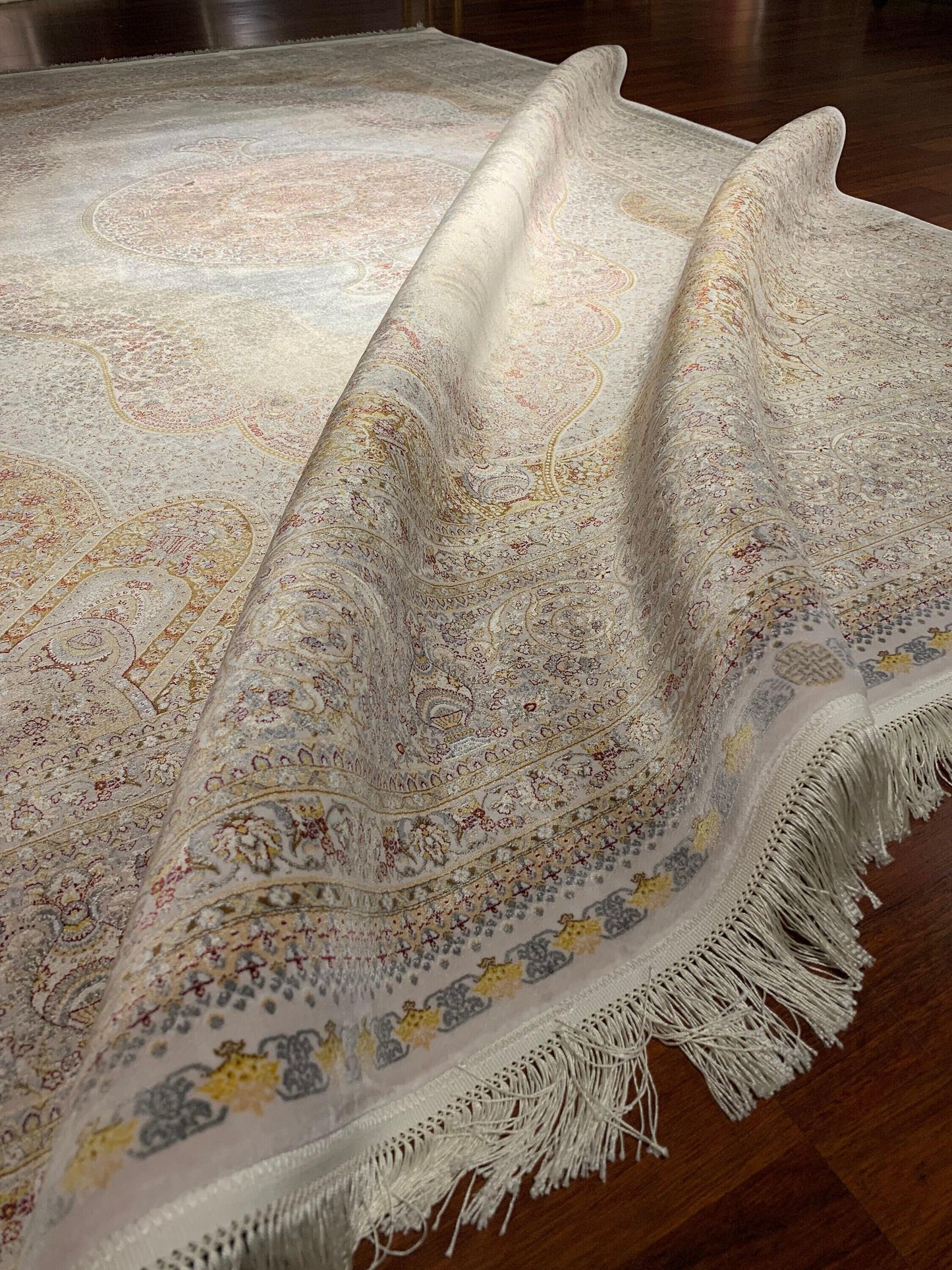 7x10 Beige Luxury Modal Silk Rug, Oriental Medallion Area Rug, High Quality Turkish Style Carpet