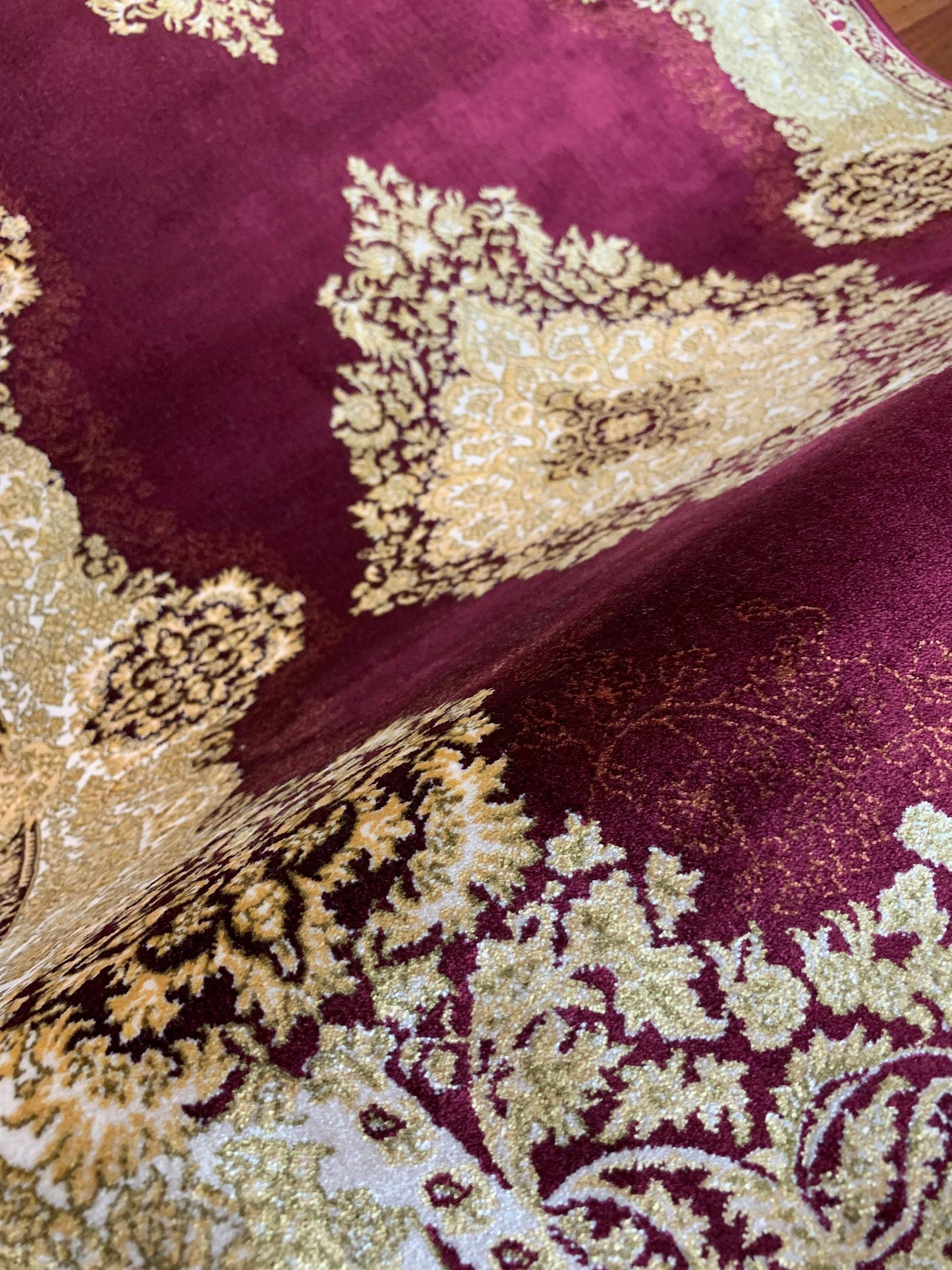 3x10 Red Silk Runner Rug, Gold Pattern Luxury Hallway Carpet, Modal Silk Area Rug