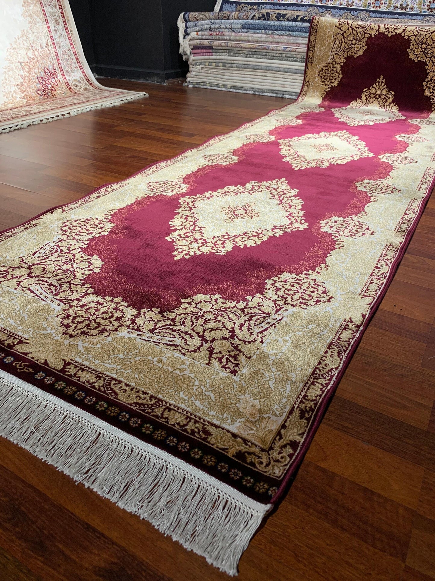 3x10 Red Silk Runner Rug, Gold Pattern Luxury Hallway Carpet, Modal Silk Area Rug