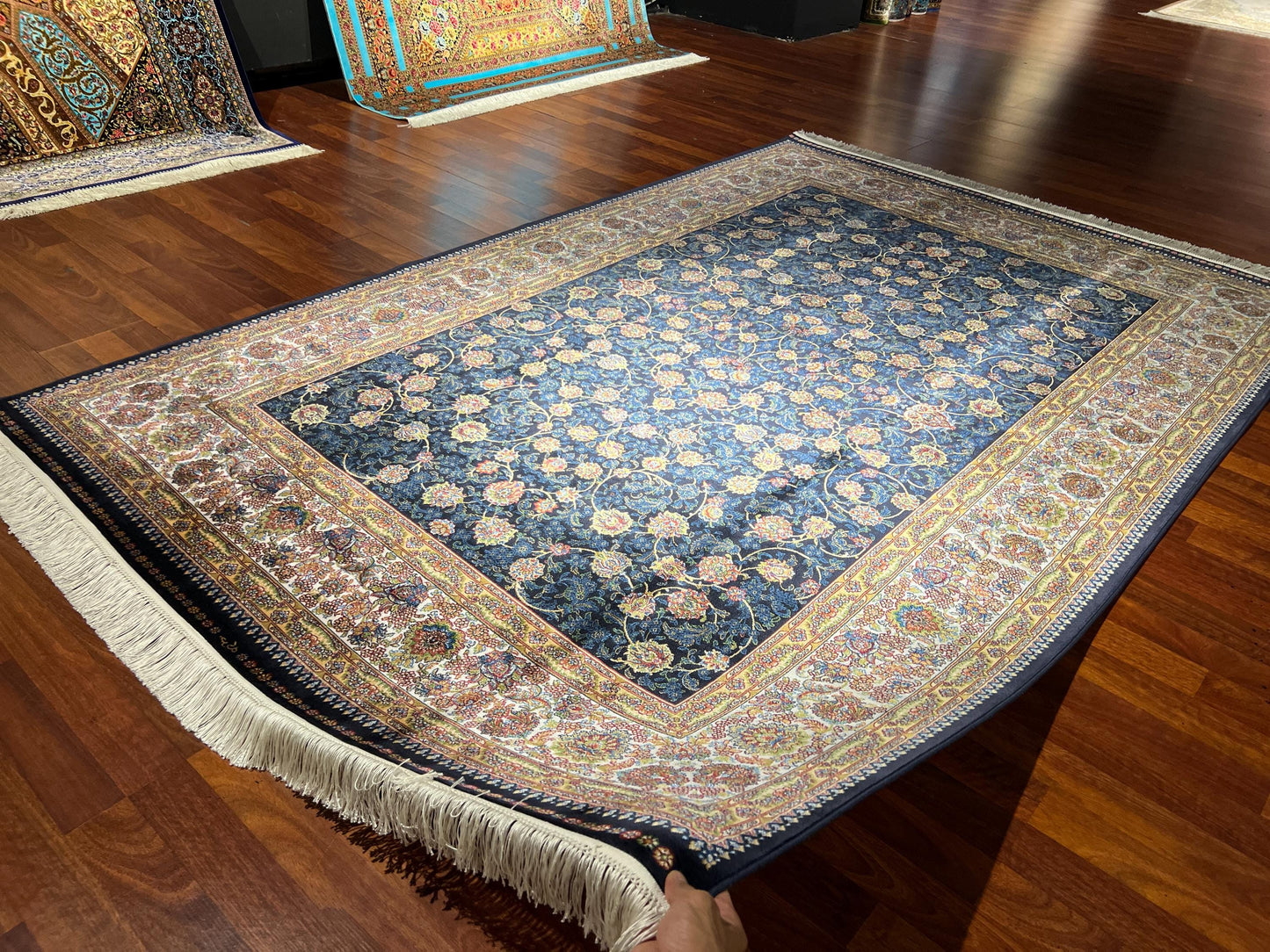 5x8 Navy Blue Bamboo Silk Rug, Luxury Floral Pattern Area Carpet, Elegant Living Room Home Decor