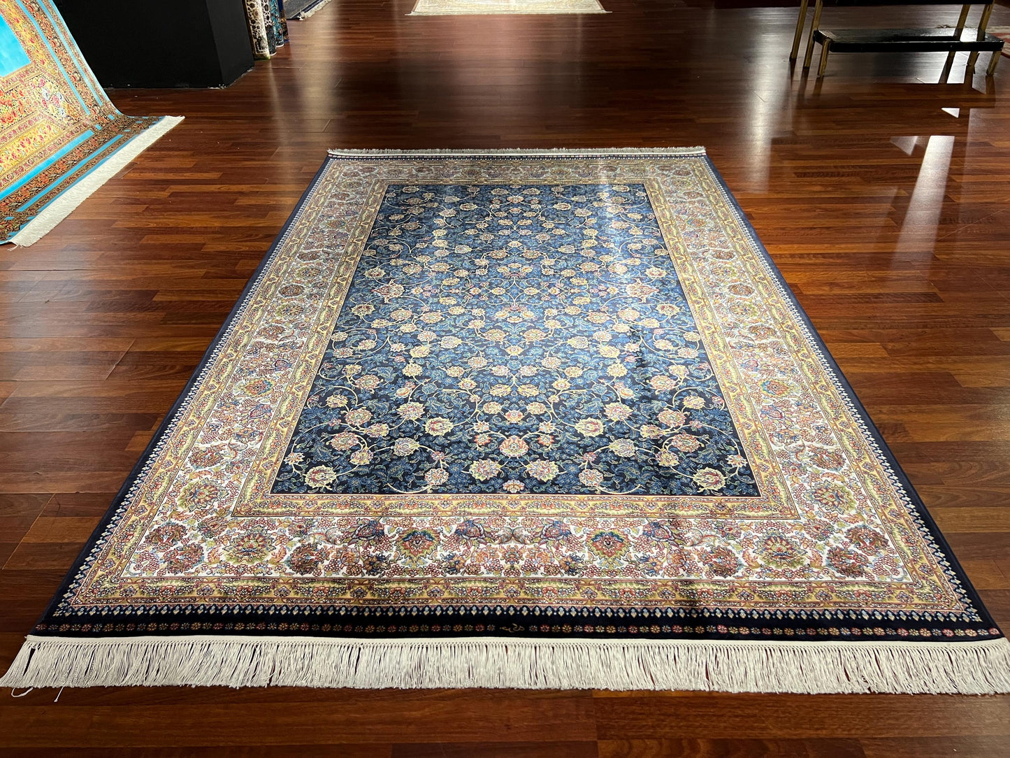 5x8 Navy Blue Bamboo Silk Rug, Luxury Floral Pattern Area Carpet, Elegant Living Room Home Decor