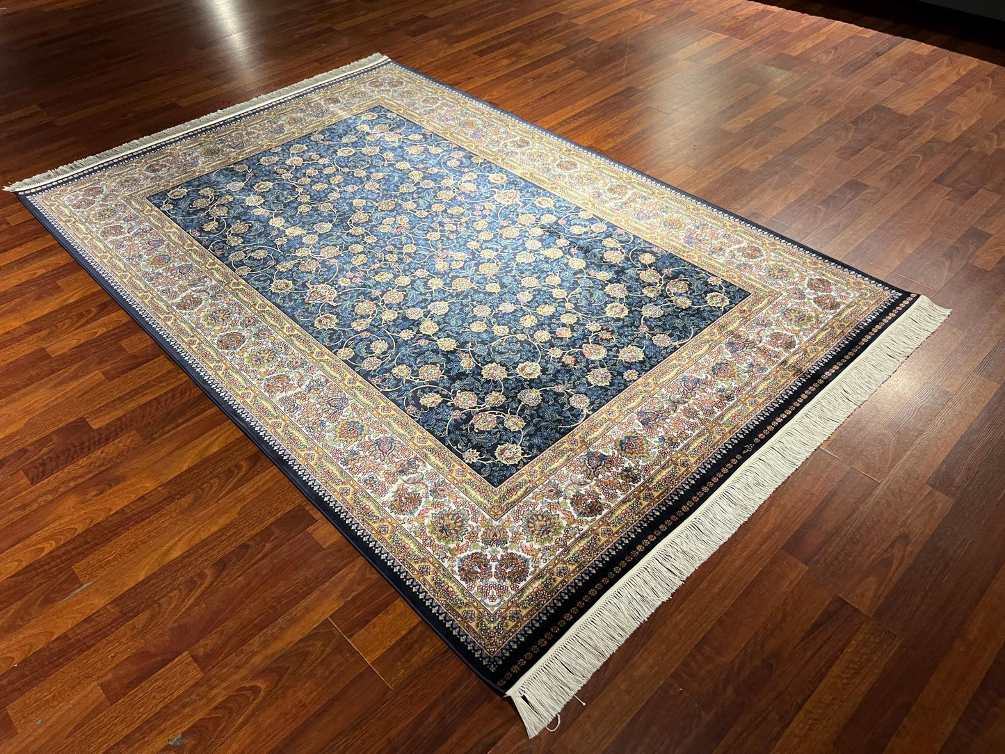 5x8 Navy Blue Bamboo Silk Rug, Luxury Floral Pattern Area Carpet, Elegant Living Room Home Decor
