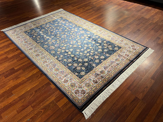 5x8 Navy Blue Bamboo Silk Rug, Luxury Floral Pattern Area Carpet, Elegant Living Room Home Decor