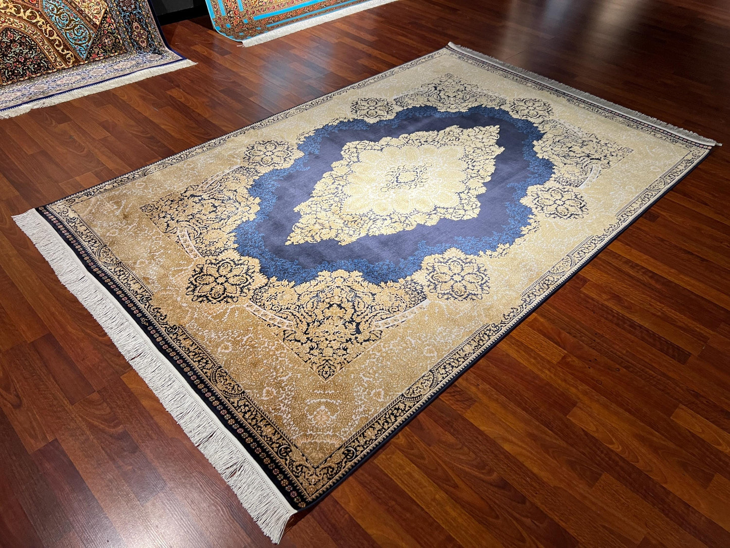 5x8 ft Blue Medallion Bamboo Silk Rug Luxury Classic Pattern Area Rug Elegant Living Room Home Decor