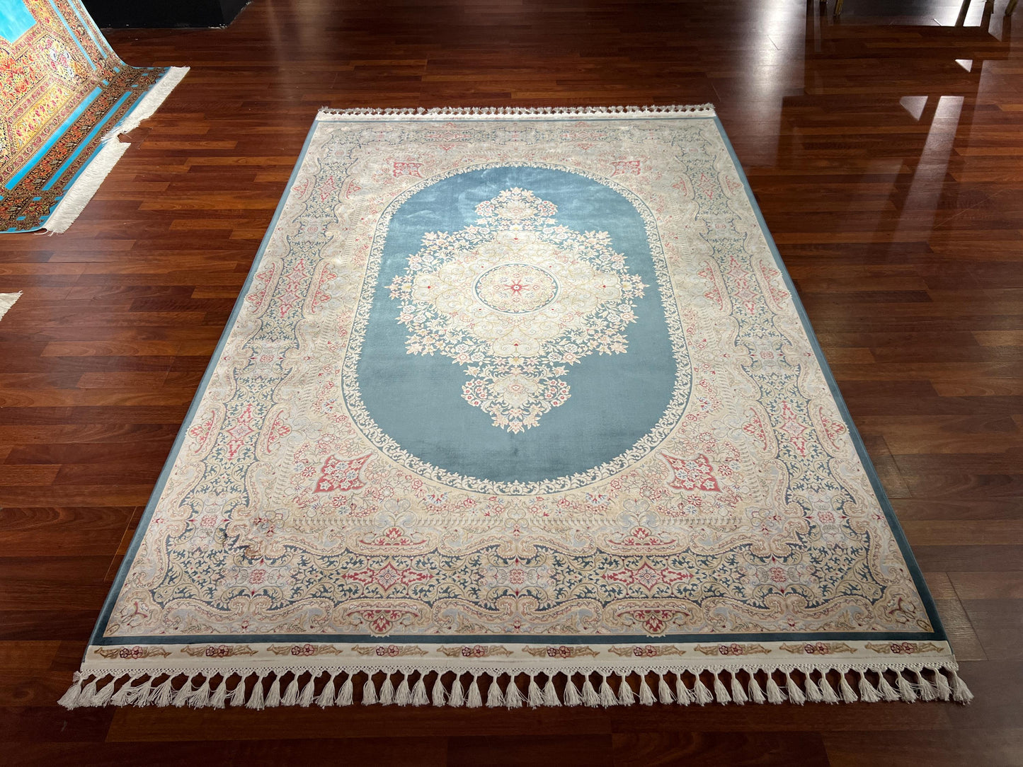 5x8 ft Blue Medallion Bamboo Silk Rug Luxury Floral Pattern Area Rug Elegant Classic Living Room Decor