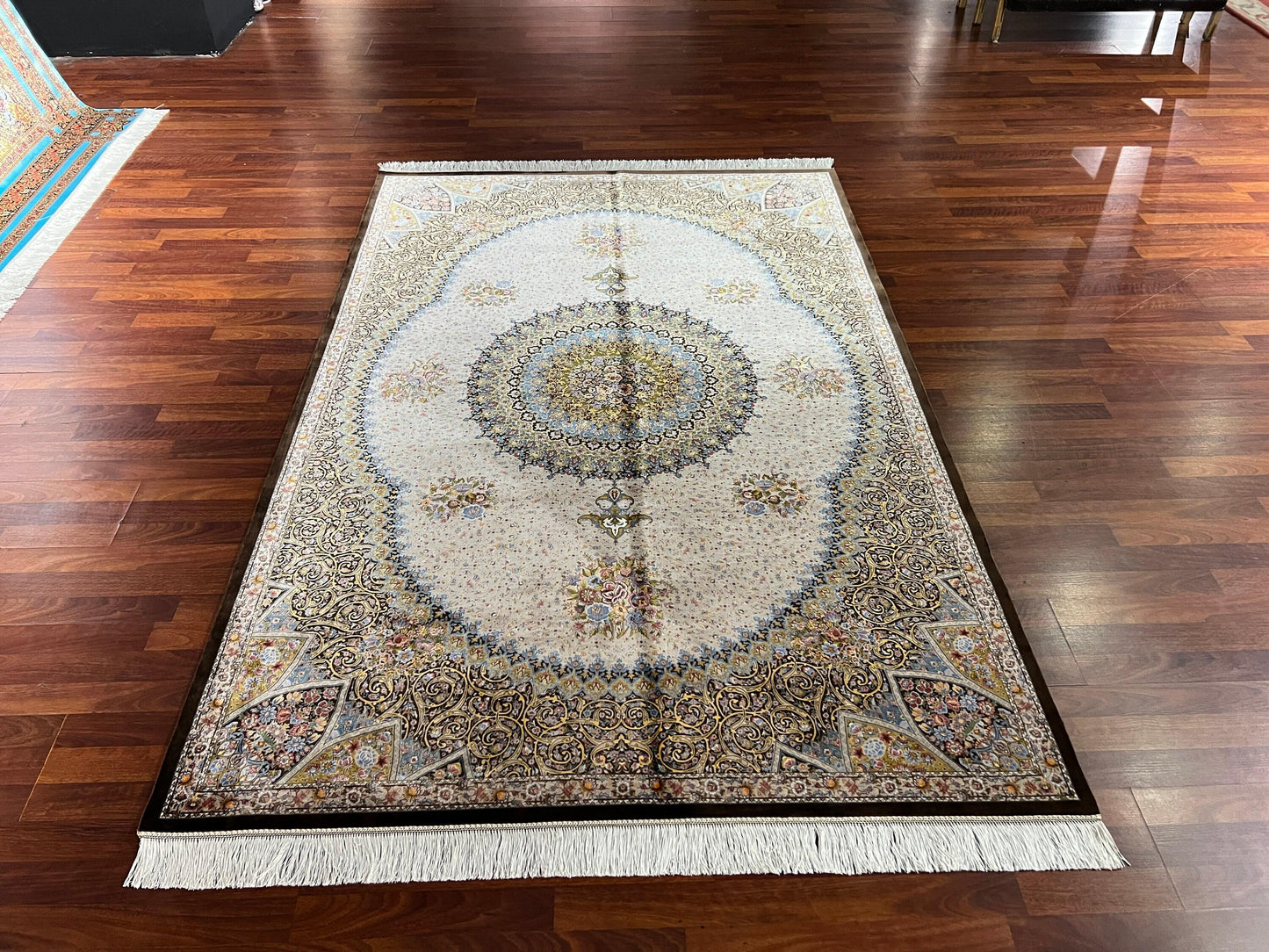 5x7 ft Beige Modal Silk Rug Luxury Classic Medallion Area Rug Elegant Living Room Home Decor Carpet