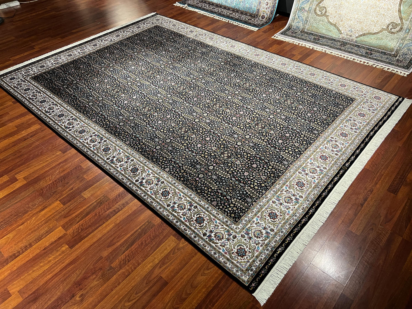 8x11 ft Black Floral Modal Silk Rug Luxury Classic Pattern Large Area Rug Elegant Living Room Decor