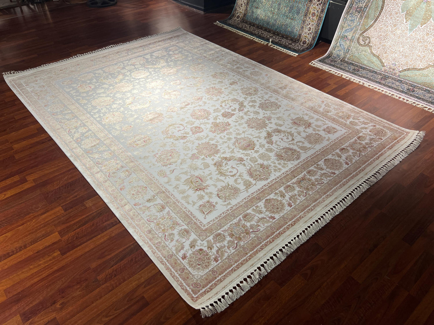 8x11 ft Light Blue Floral Modal Silk Rug Luxury Classic Pattern Large Area Rug Elegant Living Room Decor