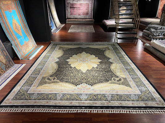 13x16 ft Gold Silk Rug Luxury Floral Pattern Oversized Area Rug Elegant Classic Living Room Decor