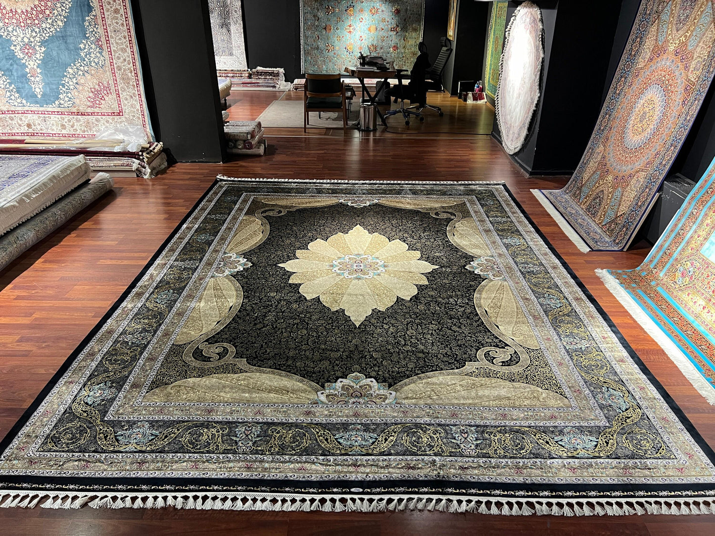 13x16 ft Gold Silk Rug Luxury Floral Pattern Oversized Area Rug Elegant Classic Living Room Decor