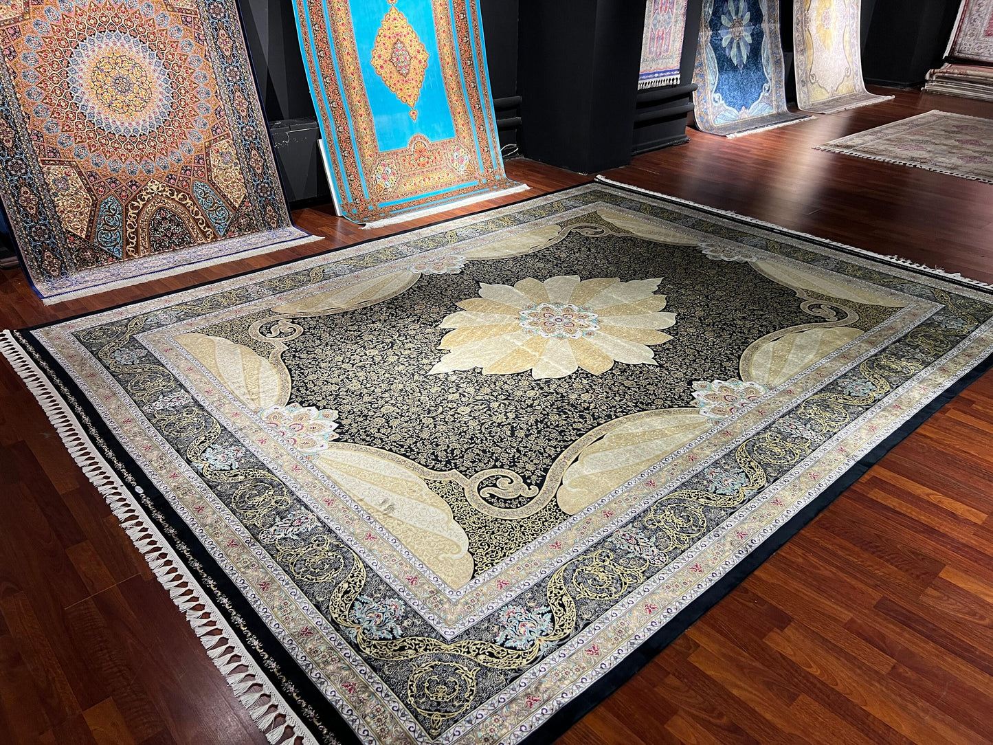 13x16 ft Gold Silk Rug Luxury Floral Pattern Oversized Area Rug Elegant Classic Living Room Decor
