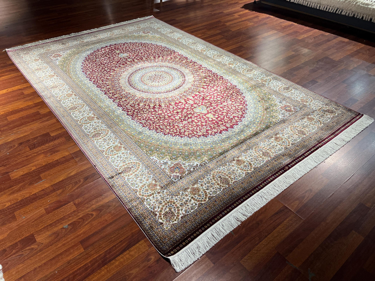 7x10 ft Red Medallion Silk Rug Luxury Classic Floral Area Rug Elegant Living Room Decor
