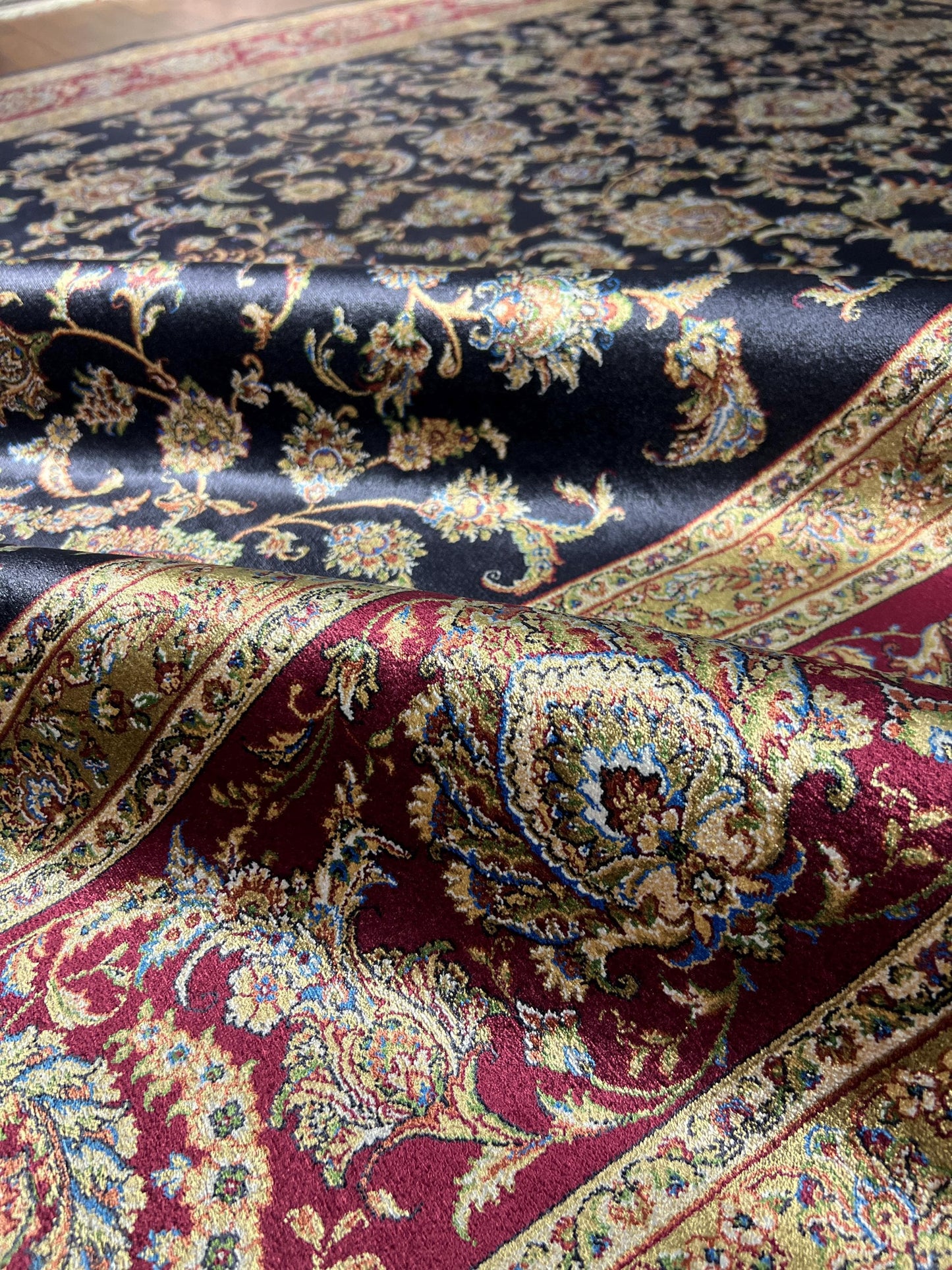 7x10 ft Black Red Modal Silk Rug Luxury Floral Area Rug Elegant Living Room Carpet Classic Home Decor