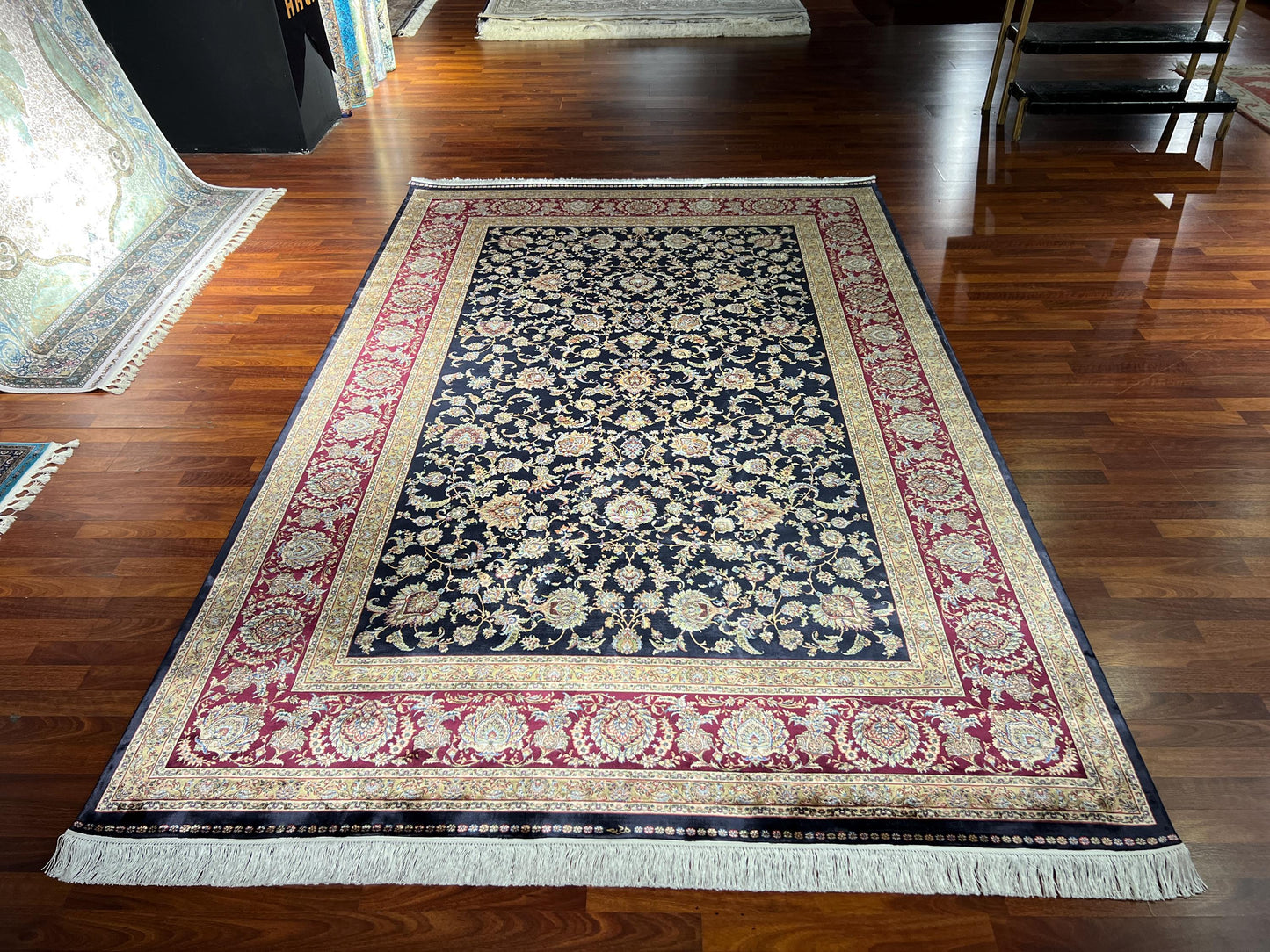 7x10 ft Black Red Modal Silk Rug Luxury Floral Area Rug Elegant Living Room Carpet Classic Home Decor