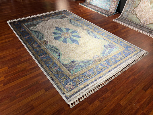 6x9 ft Blue Silk Rug Luxury Floral Medallion Area Rug Elegant Classic Living Room Carpet Decor