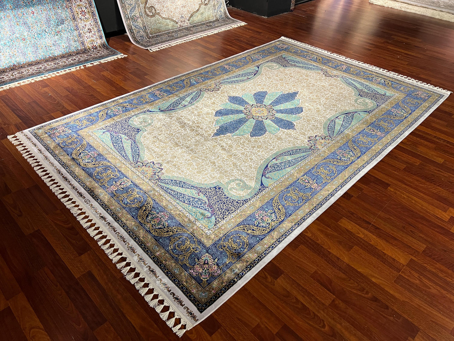 6x9 ft Blue Silk Rug Luxury Floral Medallion Area Rug Elegant Classic Living Room Carpet Decor
