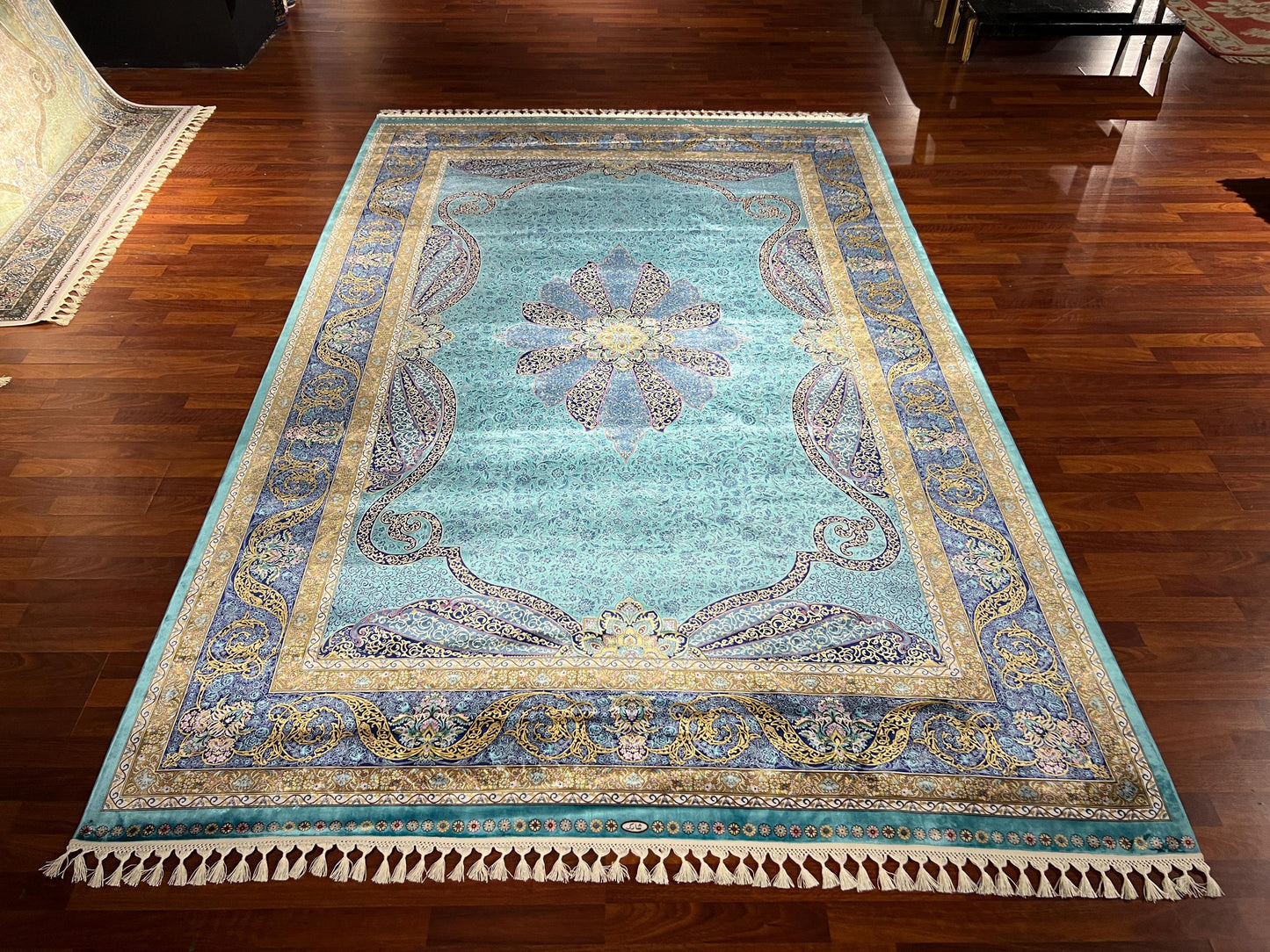 6x9 ft Blue Turquoise Silk Rug Luxury Floral Medallion Traditional Area Rug Living Room Carpet