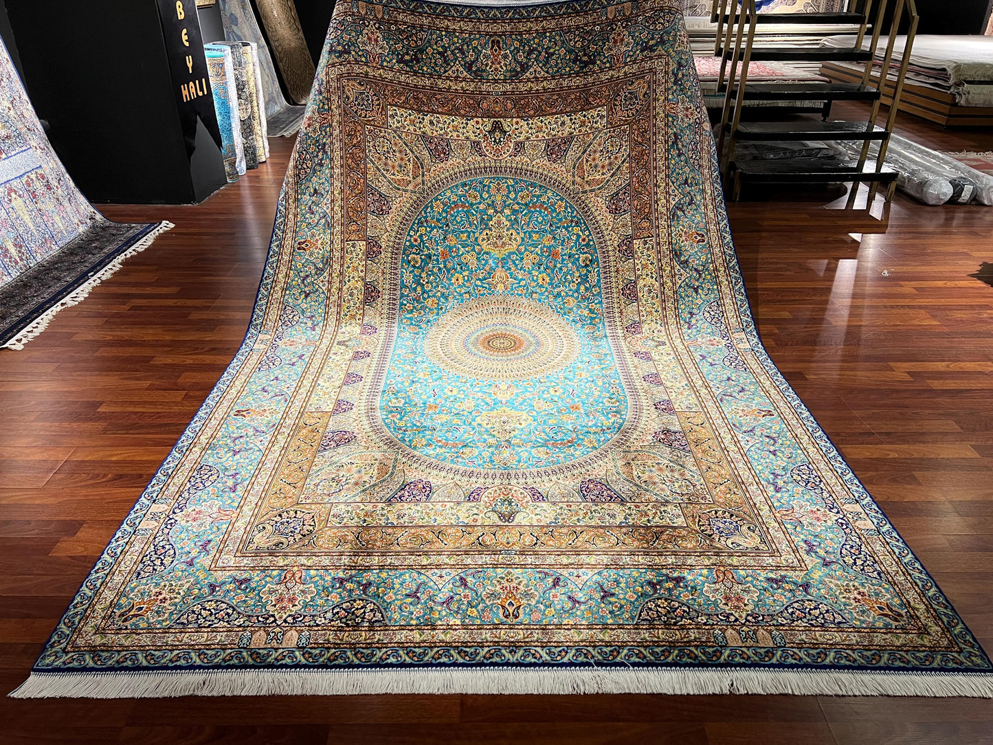 7x10 ft Blue Medallion Silk Rug Large Luxury Traditional Silk Carpet Living Room Area Rug