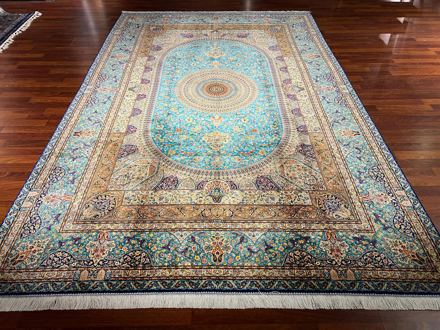 7x10 ft Blue Medallion Silk Rug Large Luxury Traditional Silk Carpet Living Room Area Rug