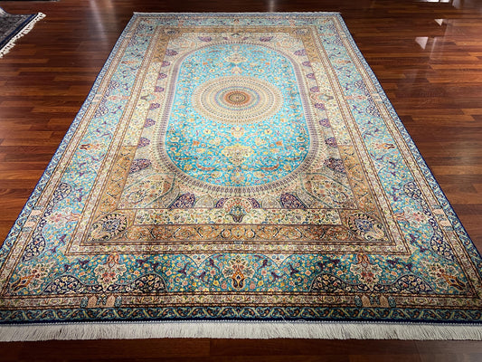7x10 ft Blue Medallion Silk Rug Large Luxury Traditional Silk Carpet Living Room Area Rug