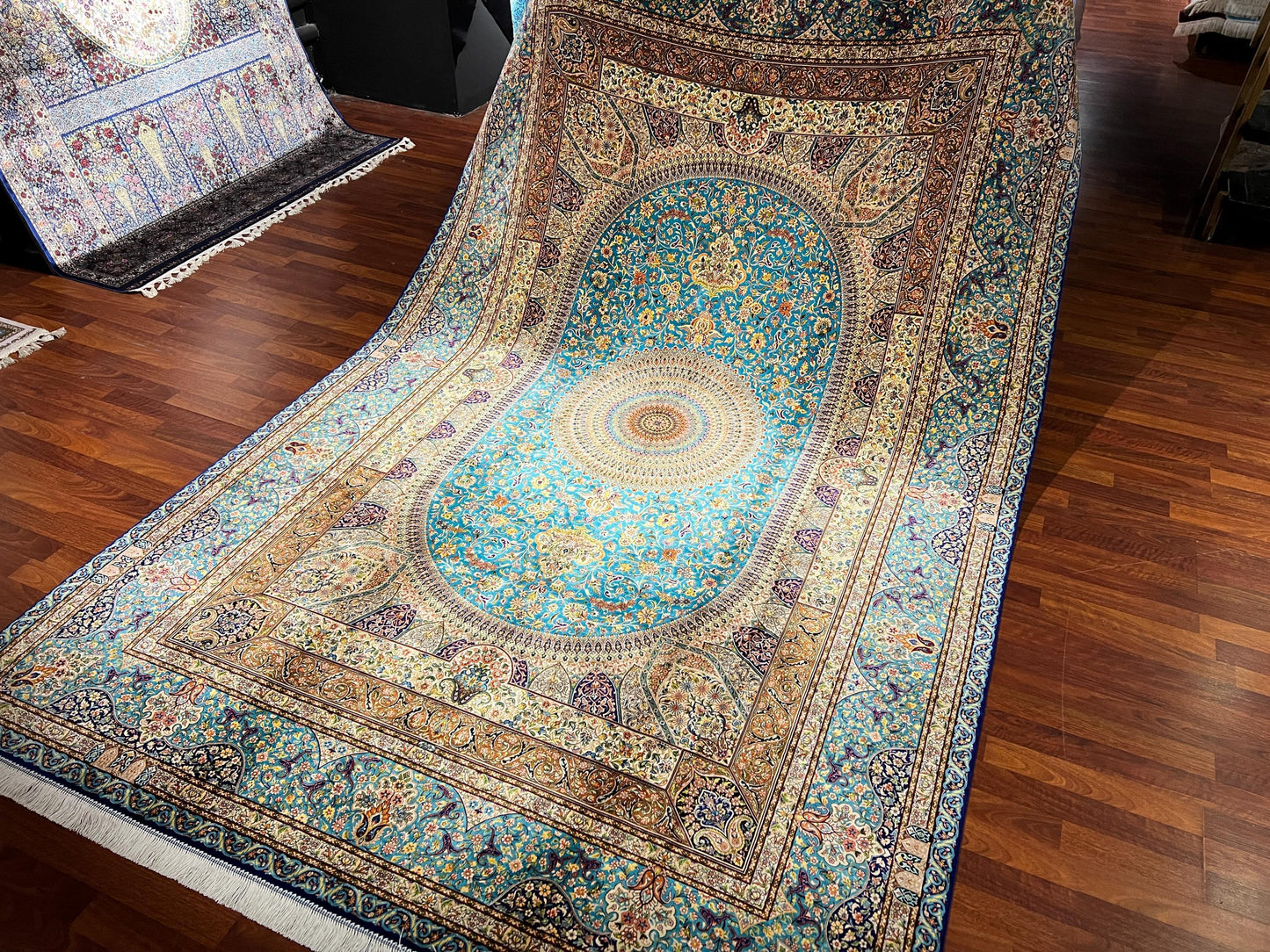 7x10 ft Blue Medallion Silk Rug Large Luxury Traditional Silk Carpet Living Room Area Rug