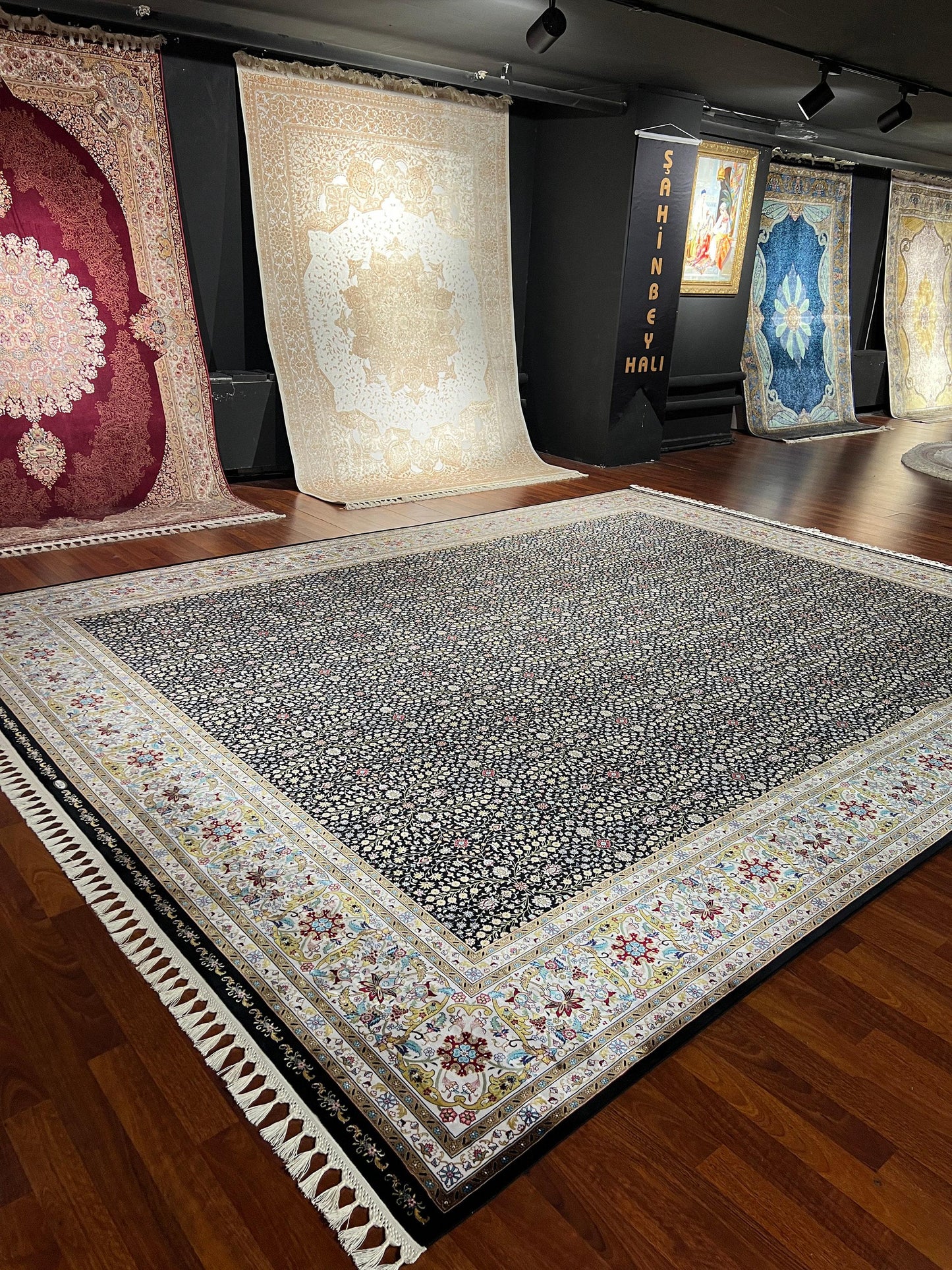 12x15 ft Black Floral Silk Rug Luxury Oversize Silk Carpet Large Living Room Area Rug