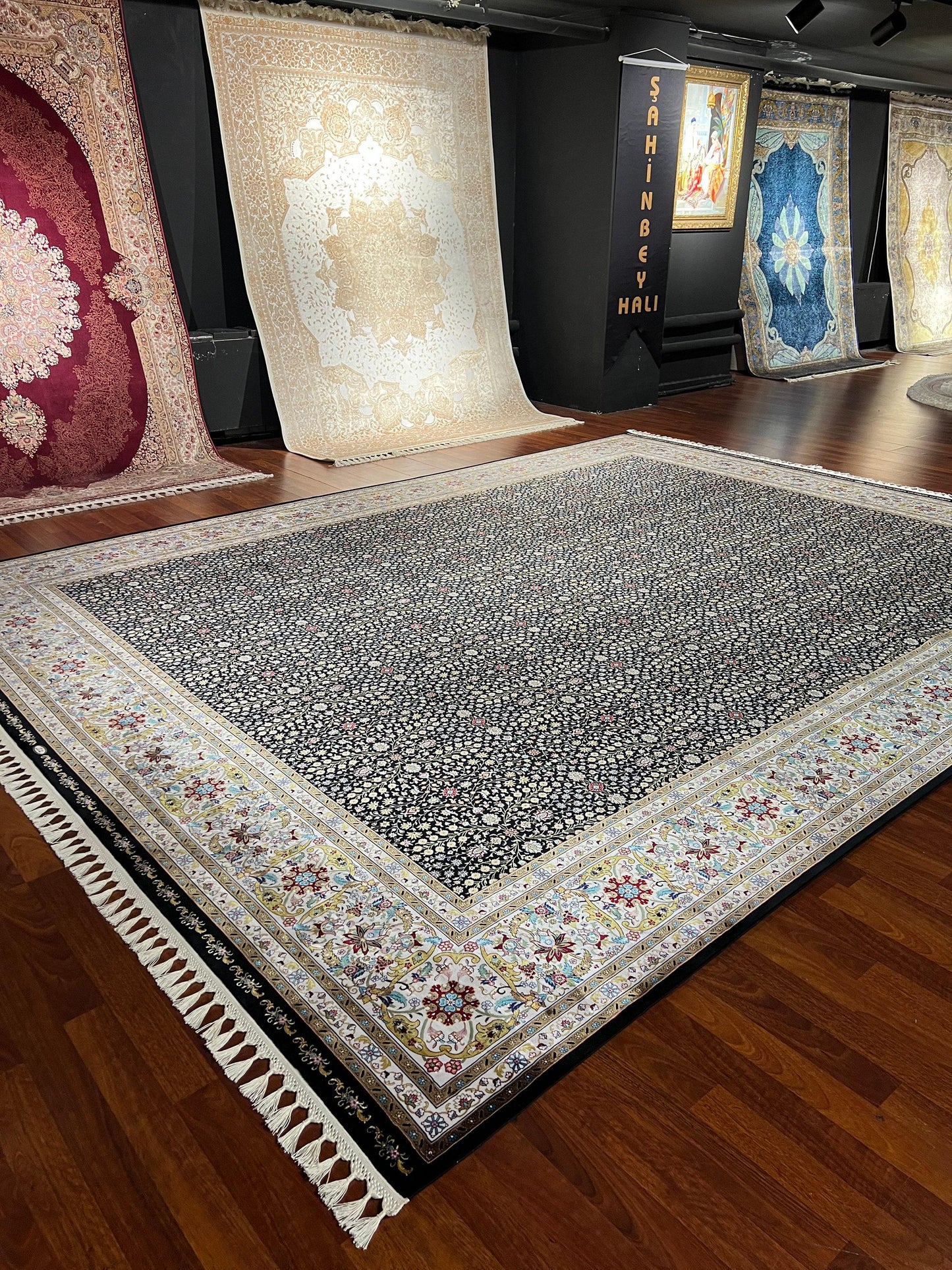 12x15 ft Black Floral Silk Rug Luxury Oversize Silk Carpet Large Living Room Area Rug