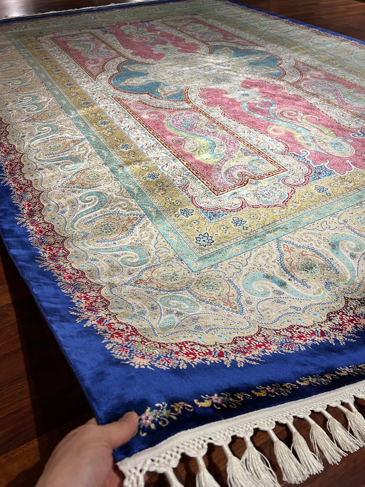 8x11 ft Pink Blue Silk Rug Large Luxury Medallion Area Rug Elegant Living Room Decorative Silk Carpet