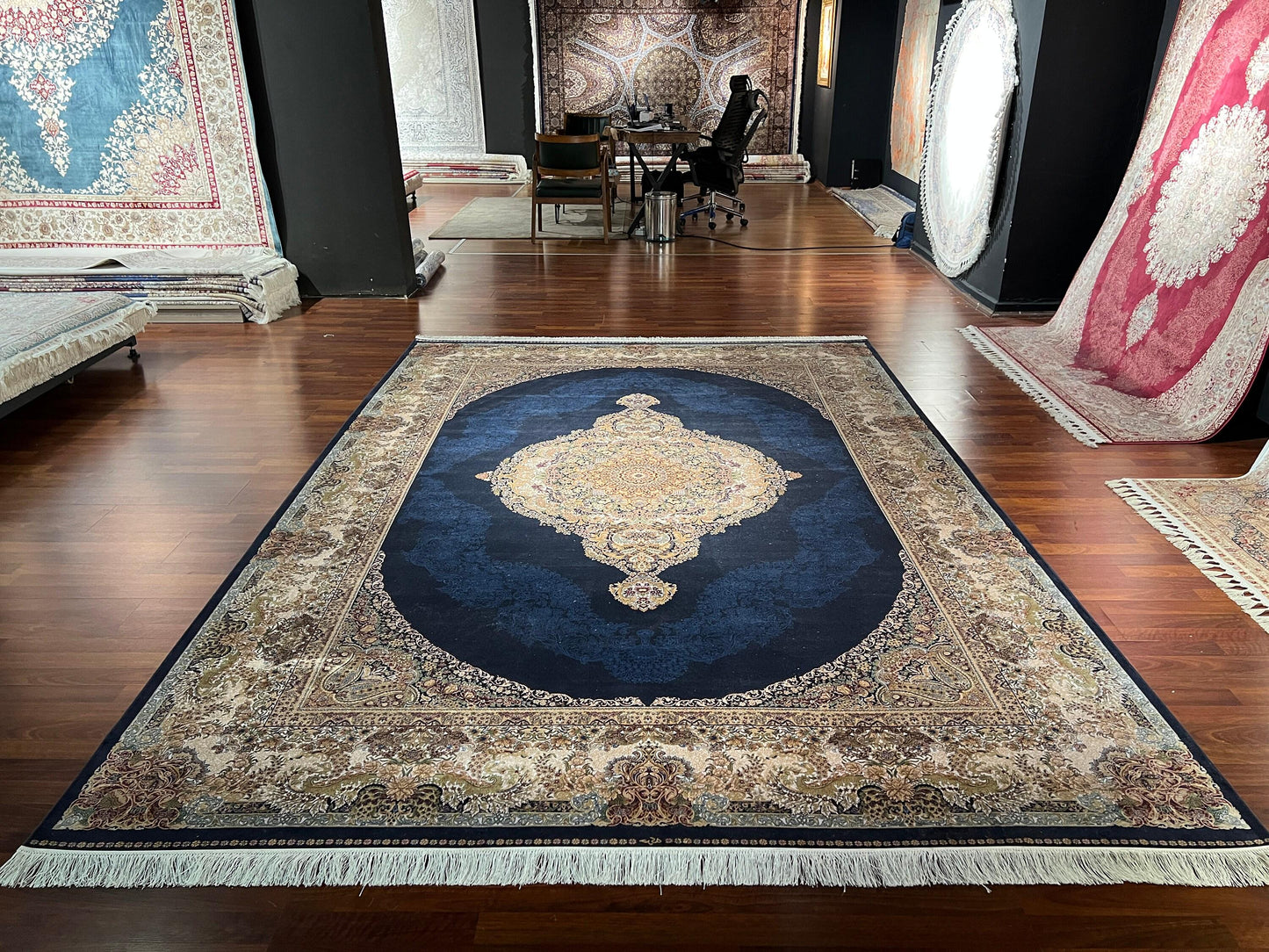 8x11 ft Blue Bamboo Silk Medallion Rug Luxury Oversized Living Room Area Rug Elegant Palace Style Carpet