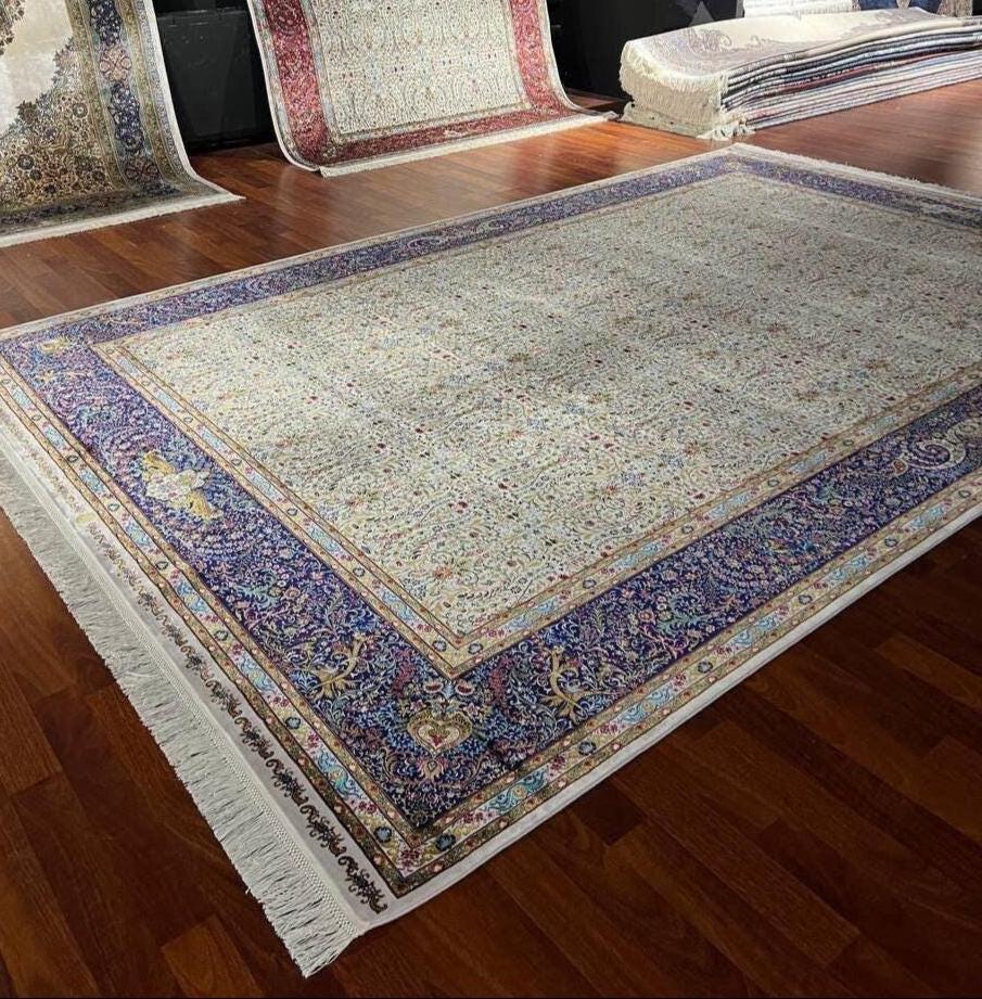 Beige Blue Modal Silk Area Rug for Living Room, Luxury Traditional Floral Carpet, 7x10 ft Turkish Anatolian Rug
