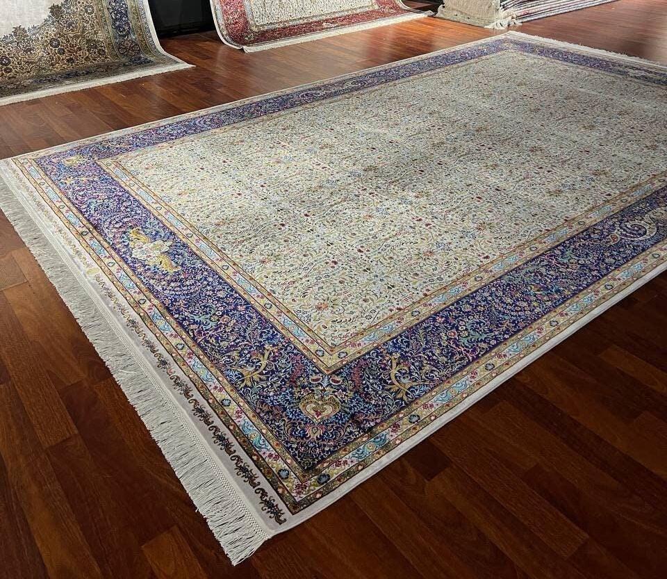 Beige Blue Modal Silk Area Rug for Living Room, Luxury Traditional Floral Carpet, 7x10 ft Turkish Anatolian Rug