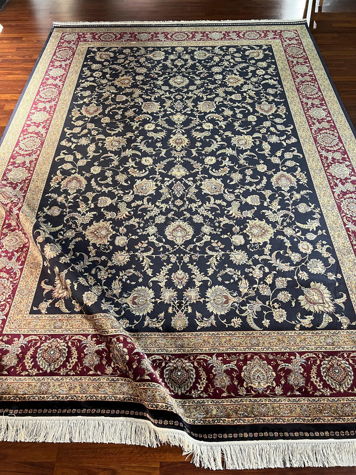 8x11 ft Red Blue Floral Silk Rug Luxury Large Area Rug Elegant Classic Living Room Rug Decorative Statement Carpet
