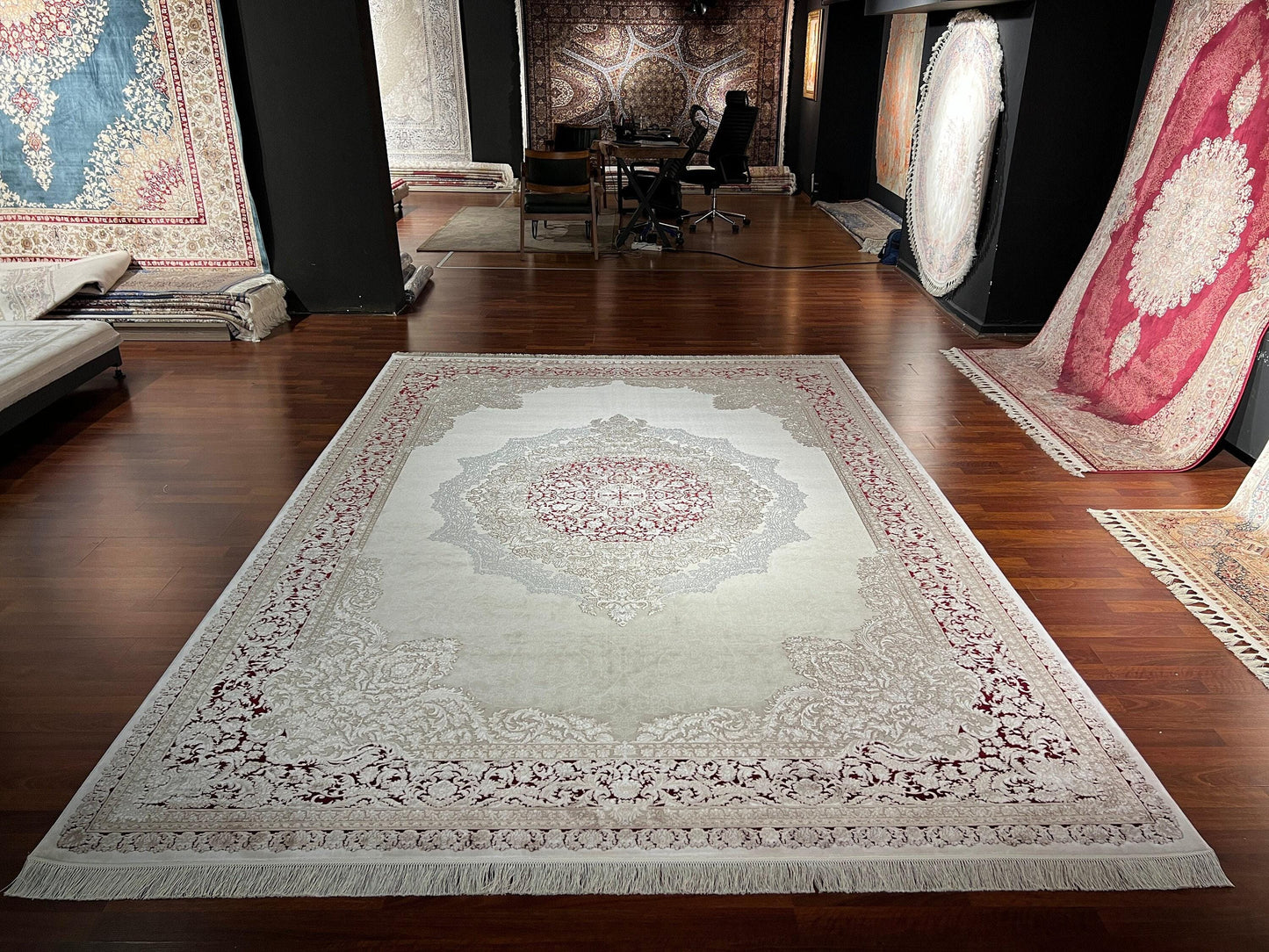 8x11 ft Beige Bamboo Rug Luxury Large Area Rug Elegant Medallion Living Room Rug Classic Soft Decorative Carpet