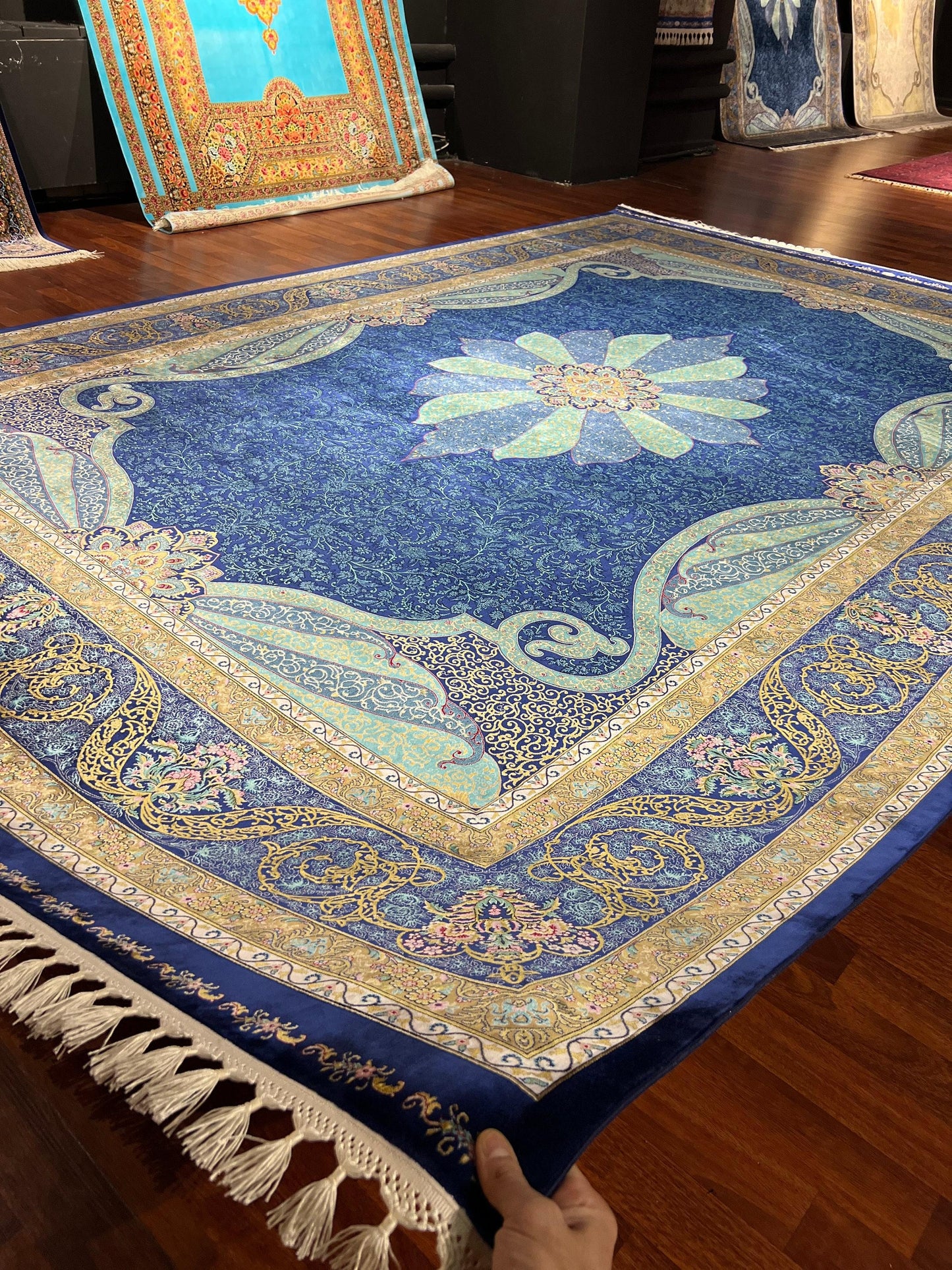 8x11 ft Blue Medallion Silk Rug, Luxury Large Area Rug, Elegant Floral Living Room Rug, Classic Decorative Statement Carpet