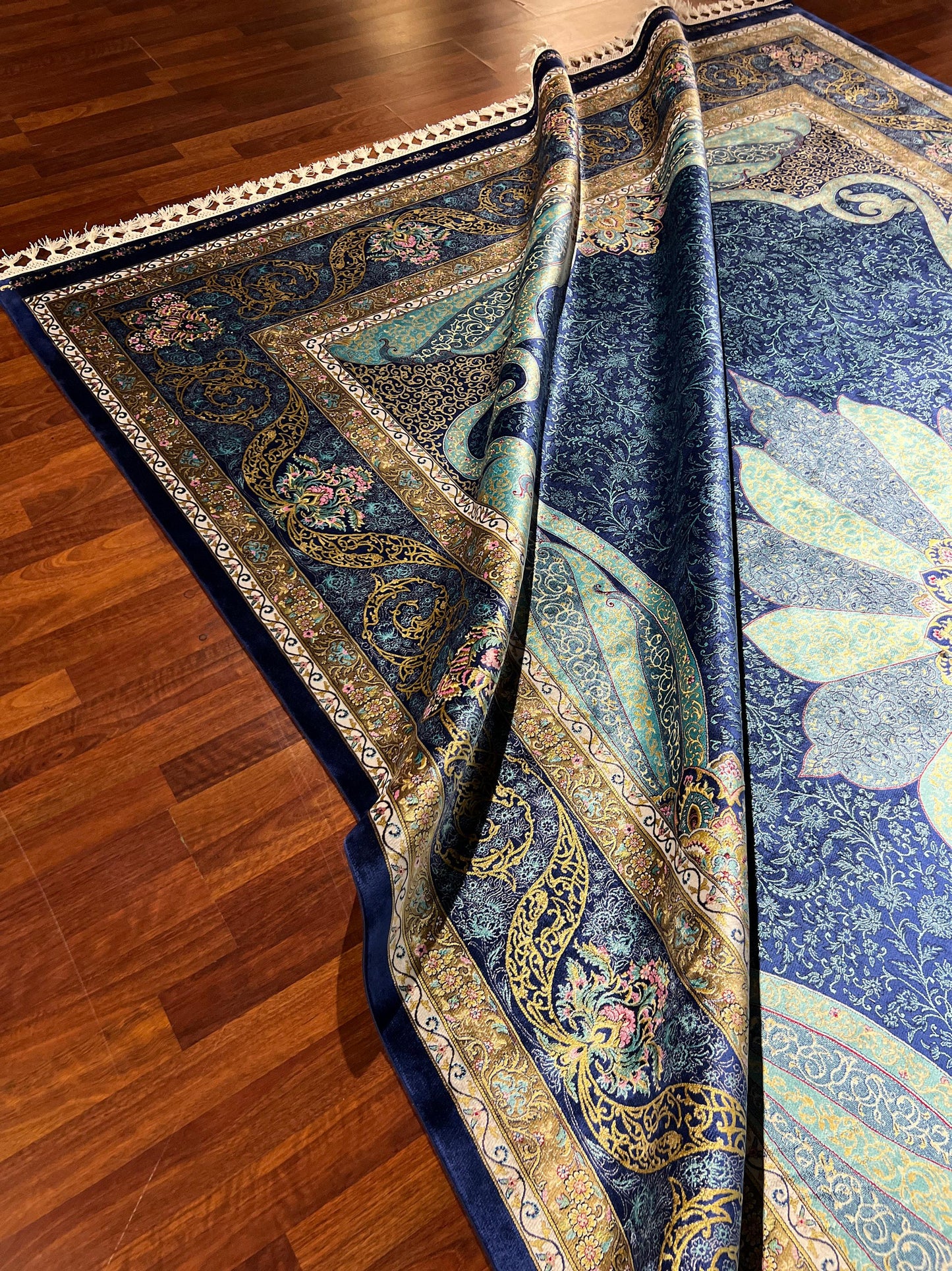 8x11 ft Blue Medallion Silk Rug, Luxury Large Area Rug, Elegant Floral Living Room Rug, Classic Decorative Statement Carpet