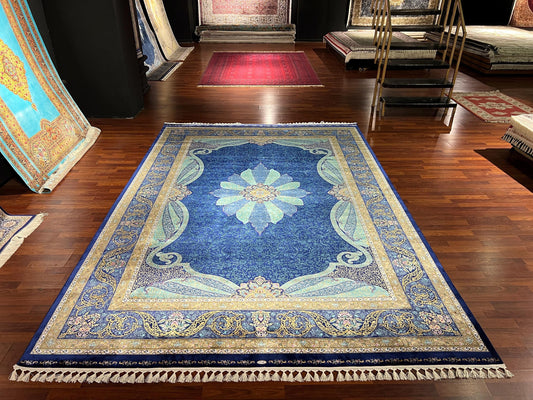 8x11 ft Blue Medallion Silk Rug, Luxury Large Area Rug, Elegant Floral Living Room Rug, Classic Decorative Statement Carpet