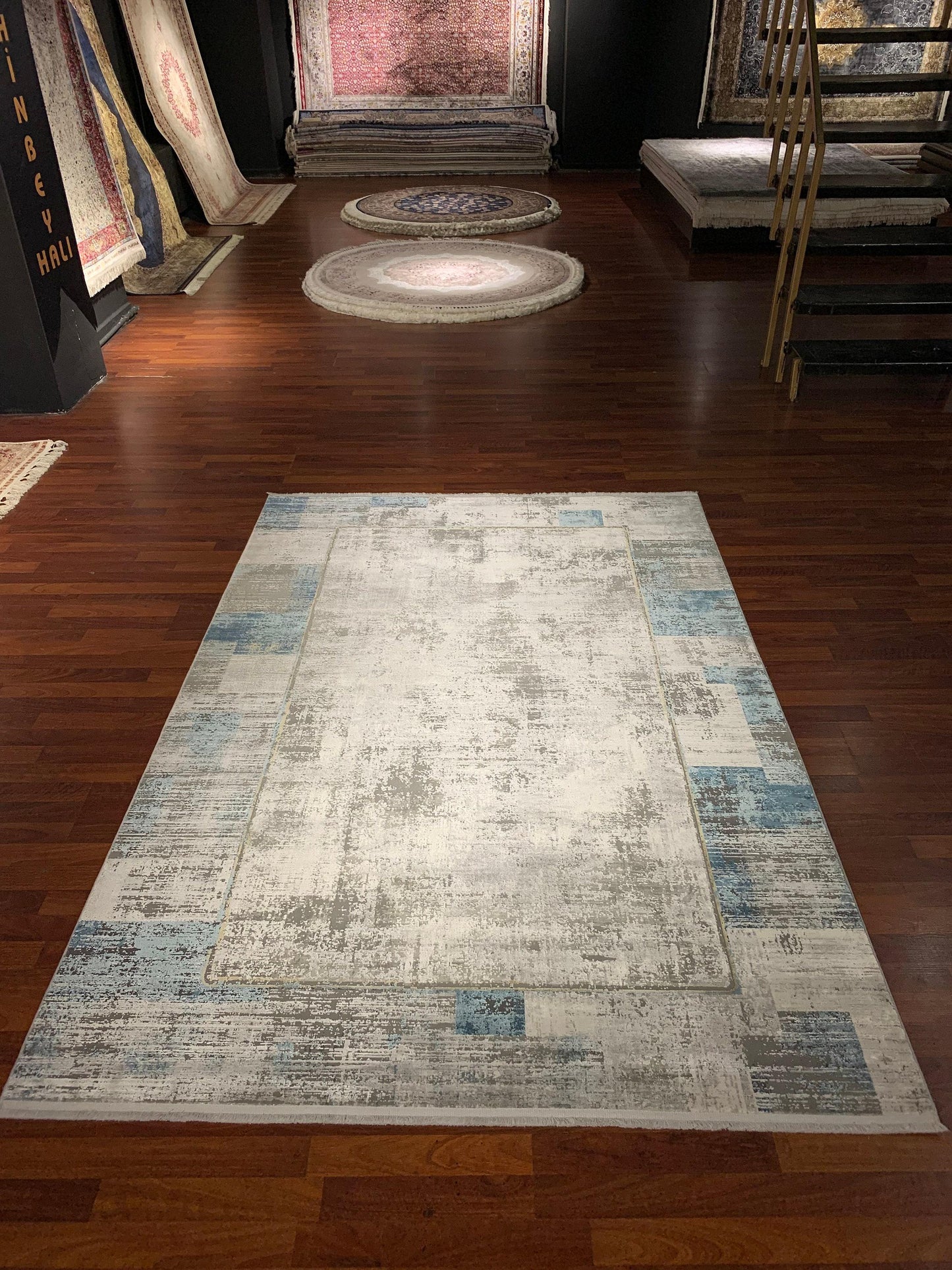 5x8 Blue Beige Area Rug for Living Room, Modern Acrylic Viscose Carpet with Fringe, Contemporary Turkish Rug