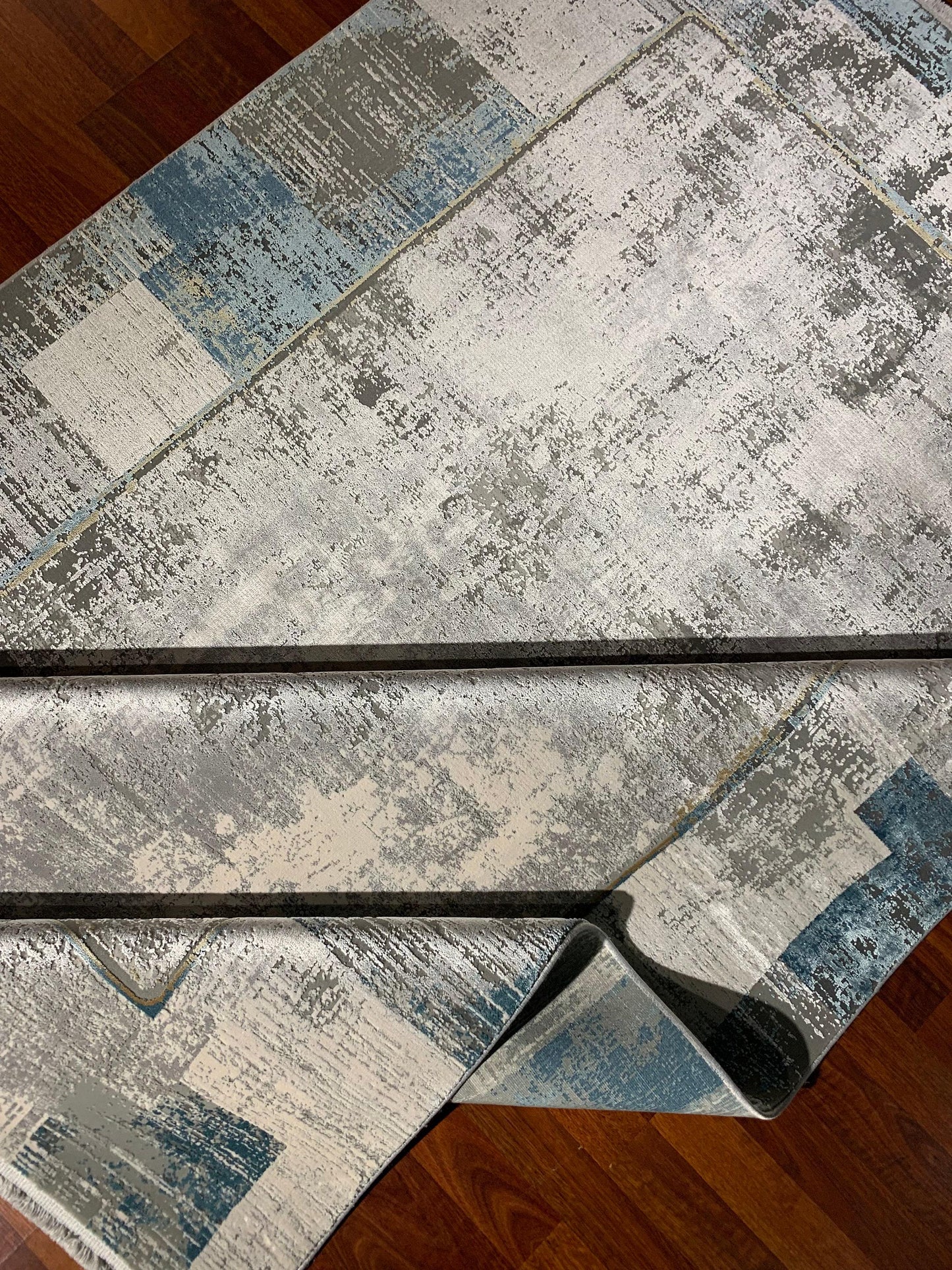 5x8 Blue Beige Area Rug for Living Room, Modern Acrylic Viscose Carpet with Fringe, Contemporary Turkish Rug