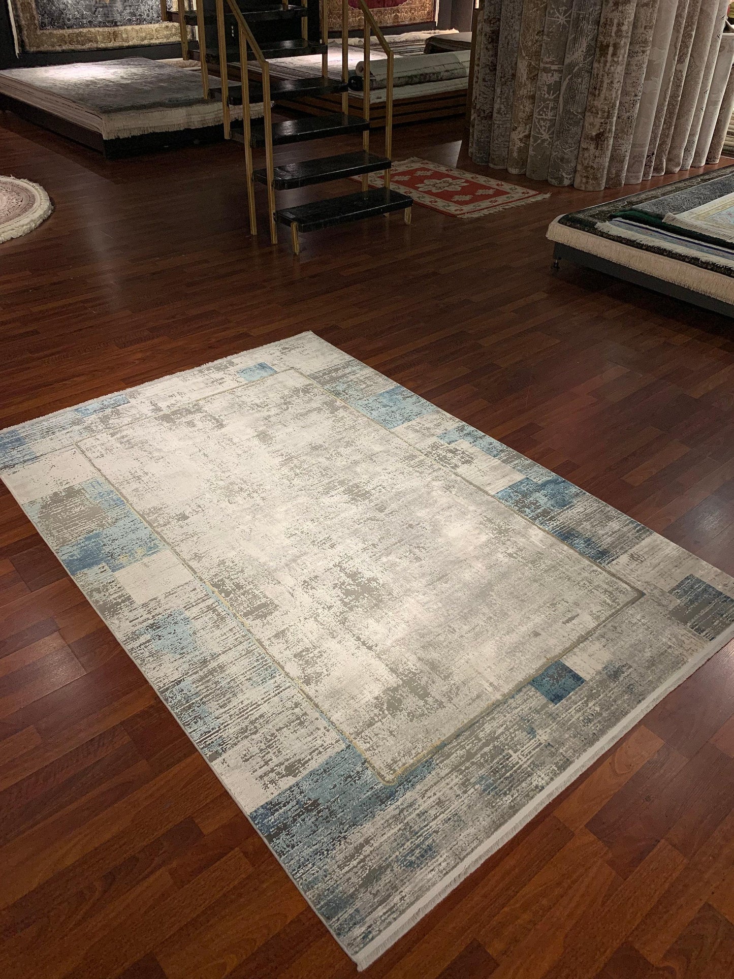 5x8 Blue Beige Area Rug for Living Room, Modern Acrylic Viscose Carpet with Fringe, Contemporary Turkish Rug