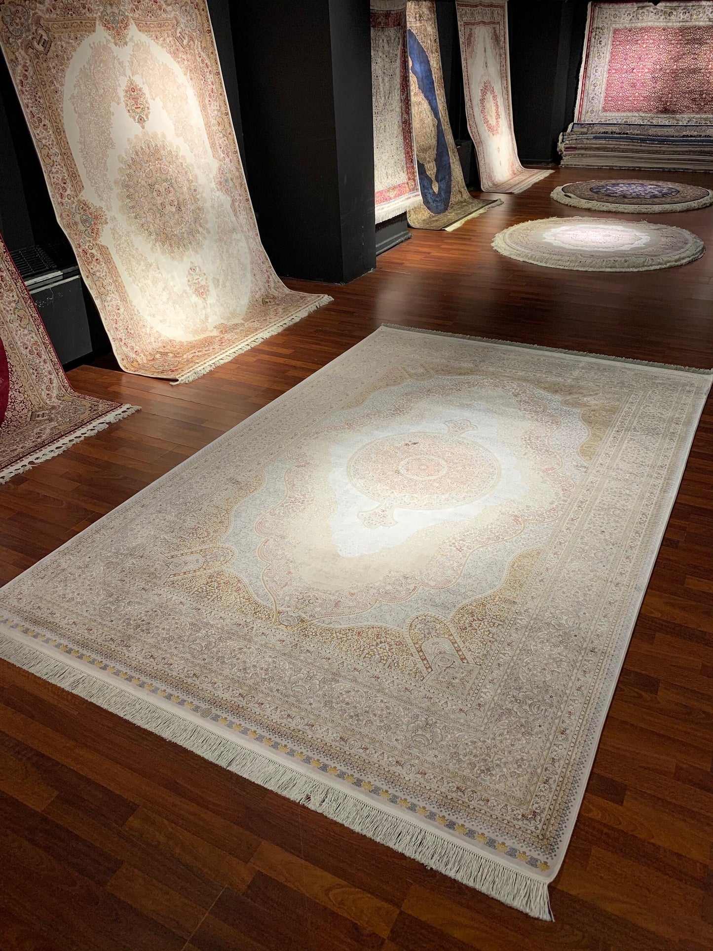 7x10 Beige Luxury Modal Silk Rug, Oriental Medallion Area Rug, High Quality Turkish Style Carpet