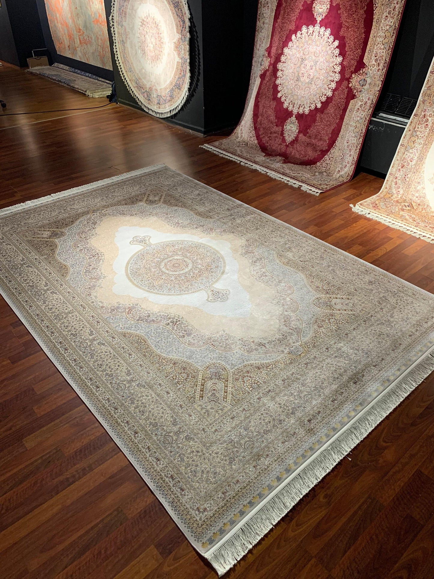 7x10 Beige Luxury Modal Silk Rug, Oriental Medallion Area Rug, High Quality Turkish Style Carpet