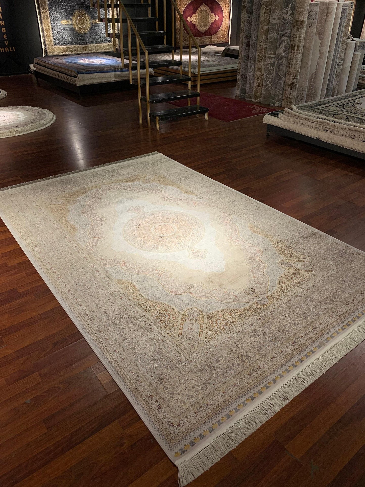 7x10 Beige Luxury Modal Silk Rug, Oriental Medallion Area Rug, High Quality Turkish Style Carpet